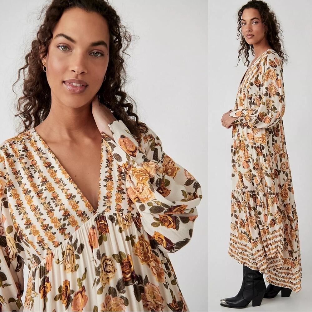 Free People Cream Maxi Dress with Mustard Floral Print
